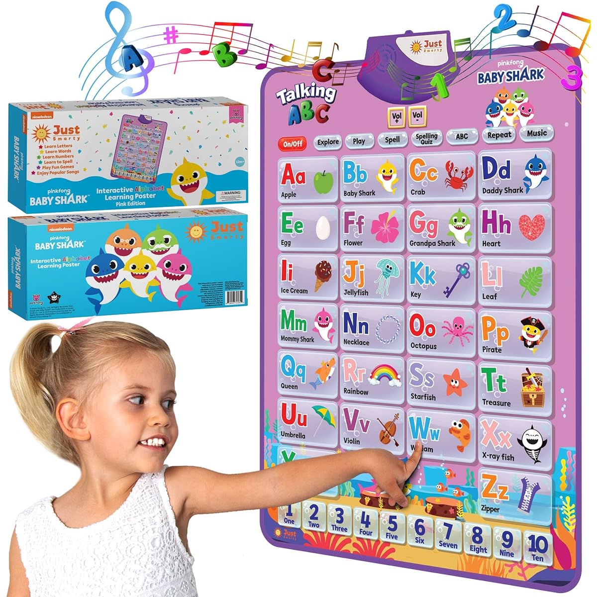 Just Smarty Pinkfong BabyShark Alphabet & Numbers Learning Resources for Girls Pink Edition | Baby Shark Song Musical Mat | Baby Shark Birthday 1 Year Old Toys | Toddler Shark Toys Ages 1-3 | Baby Shark Games