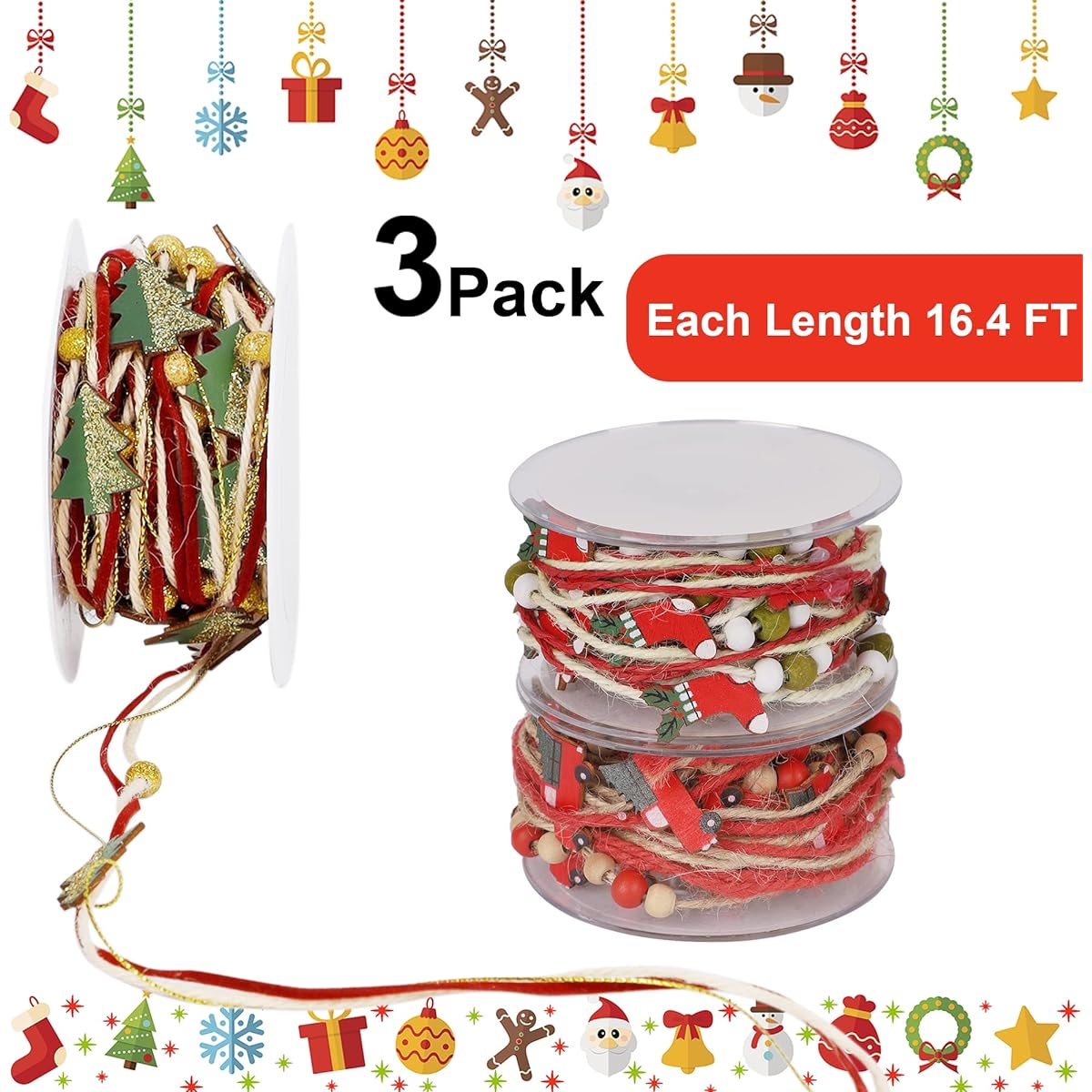 Winemana 3 Pack Christmas Beaded Ribbon Christmas Tree Trim Rope with Stockings & Red Truck Garland Wreath Gift Wrapping DIY Craft Ornaments Wedding Party Decoration