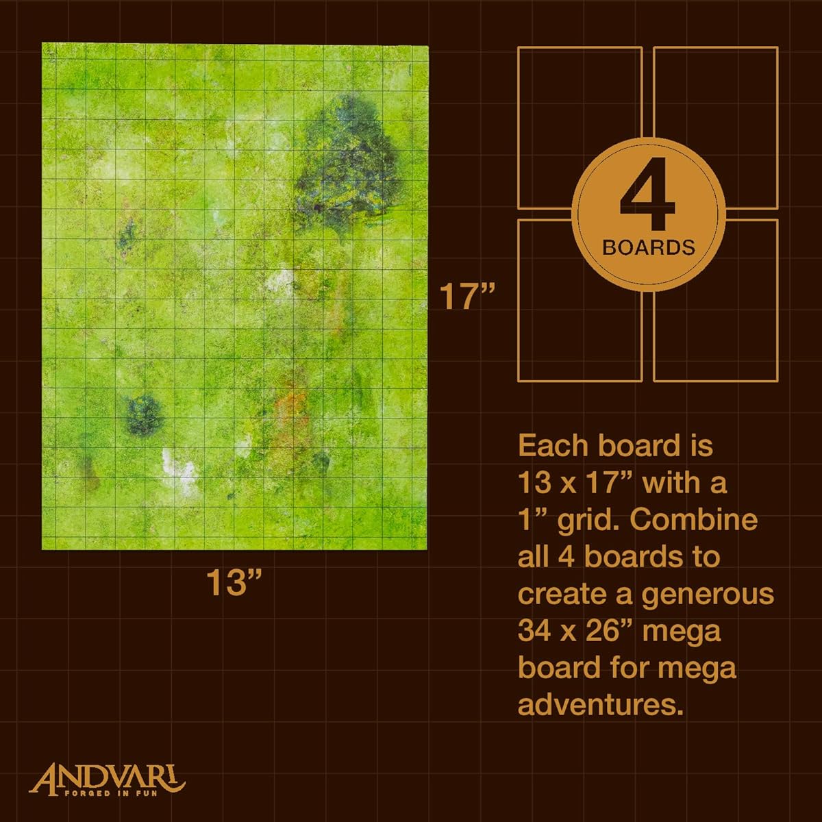 GSM Brands Battle Mat with Grid Dungeons Role Playing Tabletop Dragons Game - Pack of 4 Open Plane Setting Dry Erase Battle Board Non-Slip (17x13" each (makes a 34x26" board)