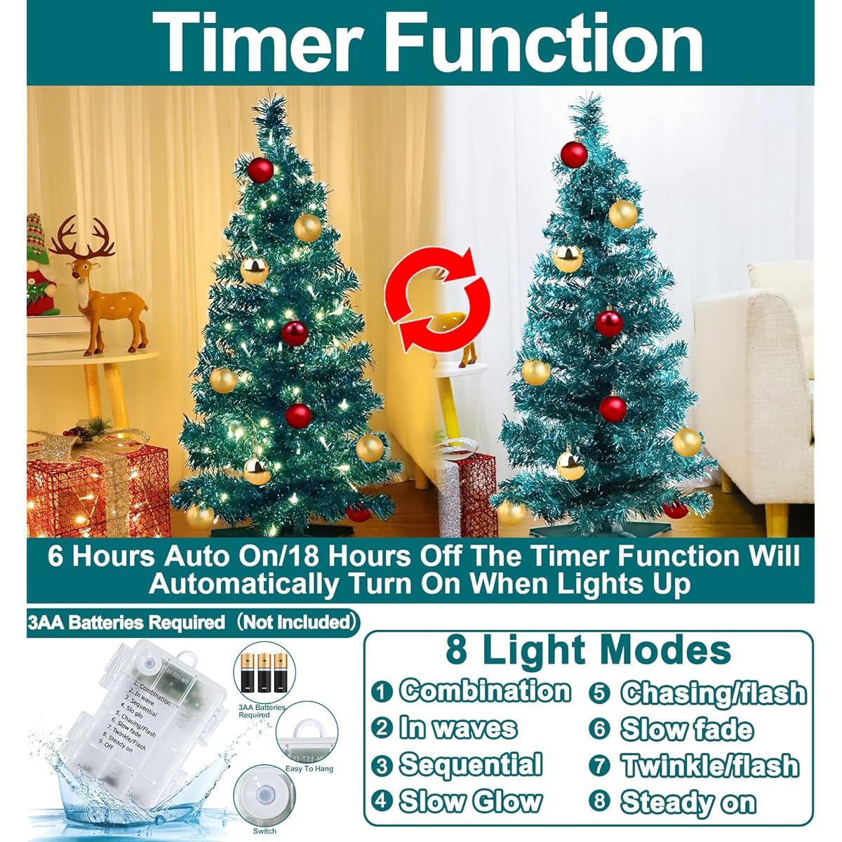 TURNMEON 3ft Christmas Tree with Timer 50 Warm Lights DIY 15 Ball Ornaments Battery Operated Pencil Artificial Full Christmas Tree Decoration Table Indoor Home Holiday (Blue)