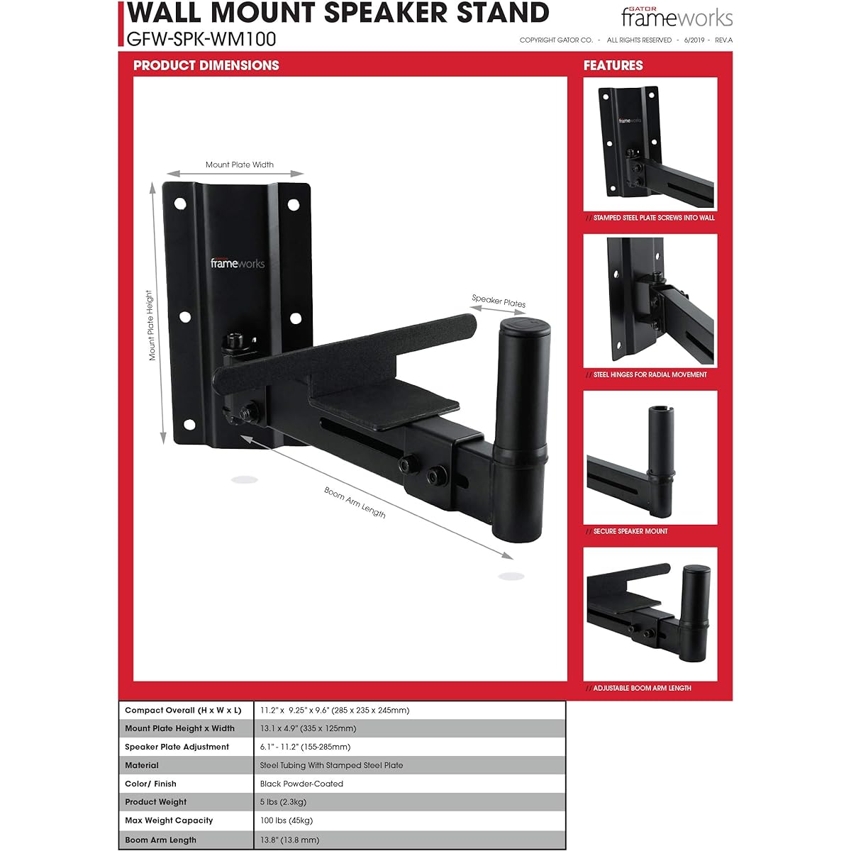 Gator gfw-spk-wm100 framework speaker wall mount