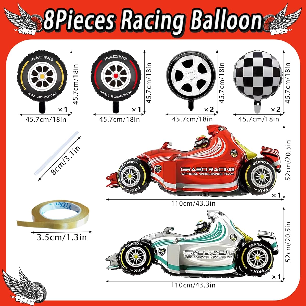Race Car Balloons Set, Wheel Tire Foil Balloons 43 Inch Race Car Party Decorations Black and White Checkered Mylar Balloons Large Racing Car Theme Birthday Party Supplies 8 Pack
