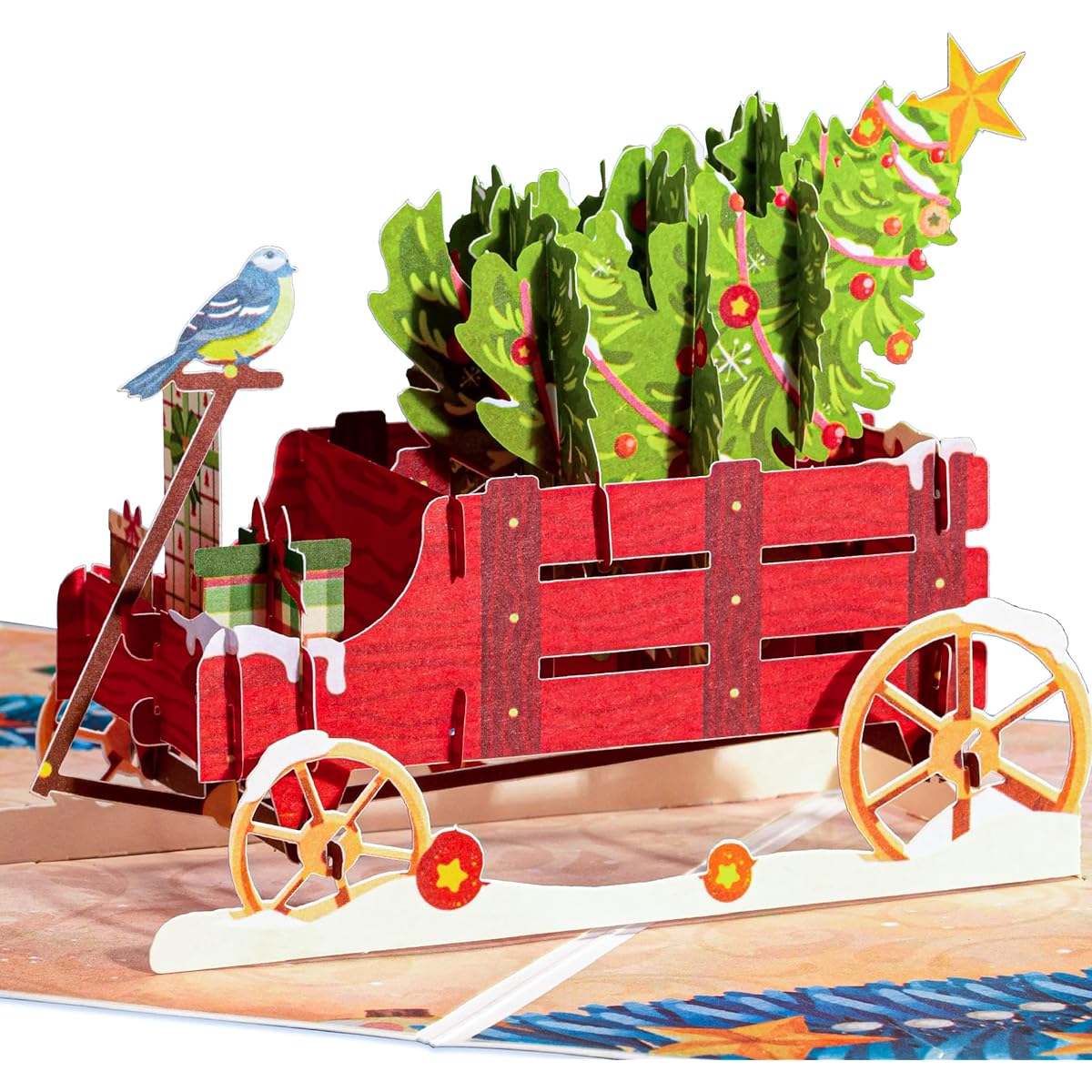 Frndly by Paper Love Pop Up Christmas Card, Christmas Wagon, Handmade 3D Pop Up Greeting Card for Christmas, Holidays, Winter, 100% Recycled and Eco-Friendly, 8" x 6" Cover - Includes Removable Memo Tag