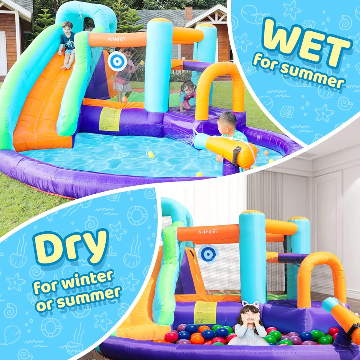 AirMyFun Bounce House Inflatable Water Slide for Kids Bouncy House with Water Slide Indoor or Outdoor Water Park with Slide and Blower for Wet & Dry (Blower Included)