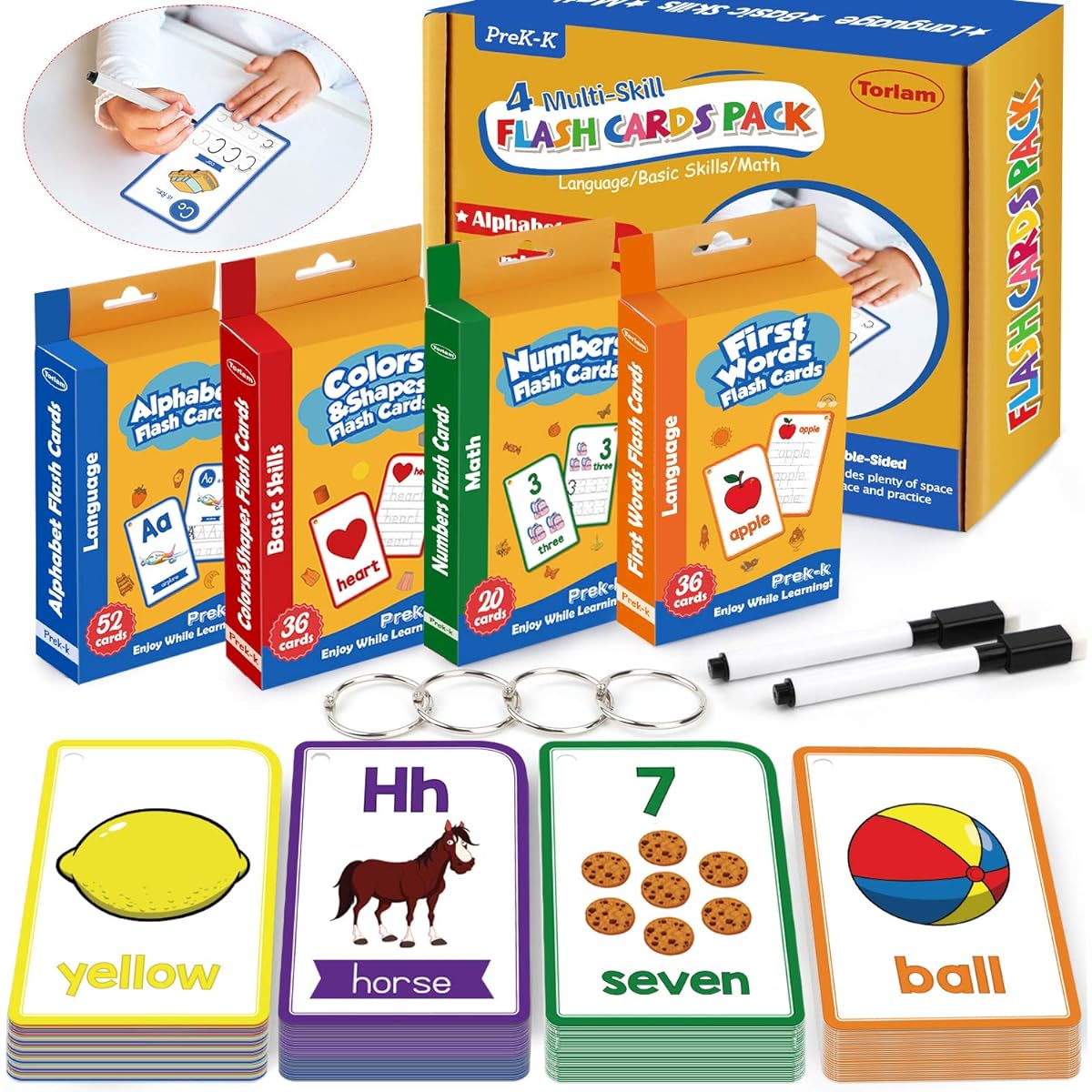 Alphabet Flash Cards for Toddlers, Set of 4 Flash Cards Numbers Alphabet First Words Colors and Shapes Kindergarten Kids Cards Toddler Learning Activities (Upgraded Version for Tracing Letters and Numbers)