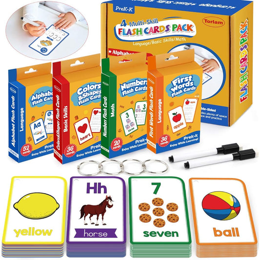 Alphabet Flash Cards for Toddlers, Set of 4 Flash Cards Numbers Alphabet First Words Colors and Shapes Kindergarten Kids Cards Toddler Learning Activities (Upgraded Version for Tracing Letters and Numbers)