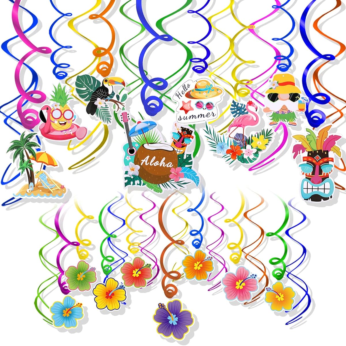 HOWAF 30pcs Hawaiian Tropical Luau Birthday Party Hanging Swirls Hibiscus Flower Parrot Flamingo Foil Swirl Decorations Ceiling Decor Luau Tiki Aloha Beach Summer Party Decoration Supplies