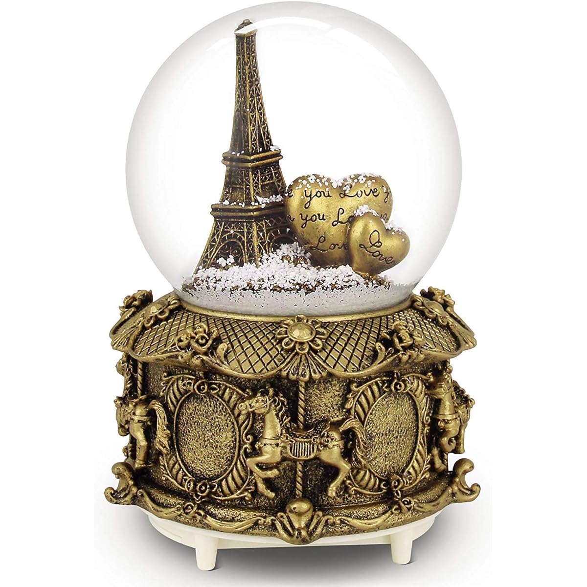 Paris Musical Snow Globe with Color Changing LED Lights Eiffel Tower Snow Globe Carousel Base Height 100mm 6'' Souvenir Collection Bronze