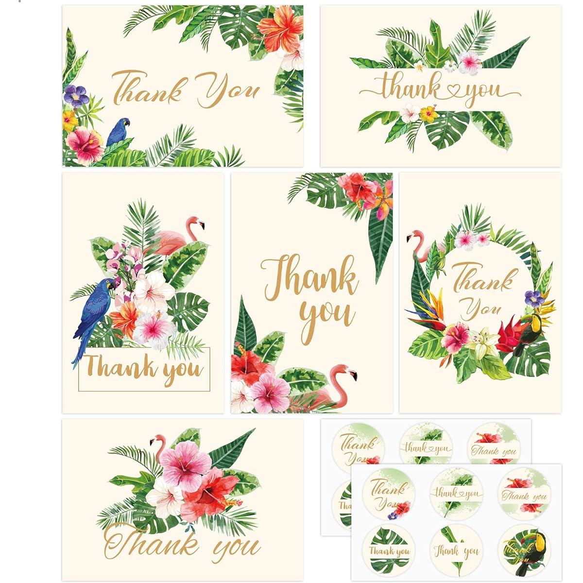 Whaline Tropical Thank You Cards Summer Note Cards with Sticker Envelopes Flamingo Palm Leaf Cards for Holiday/Wedding/Baby Shower/Birthday/Bridal Party/Any Occasion 4 x 6 Inch Pack of 36