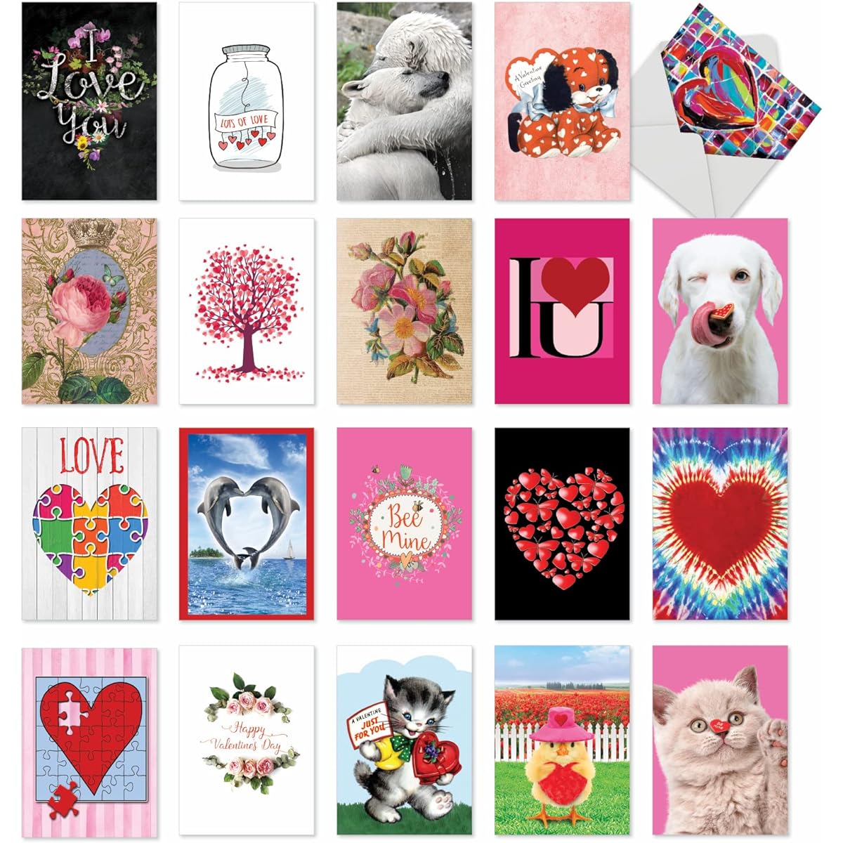 NobleWorks 20 Assorted Box Set Valentine's Day Greeting Cards with 5" x 7" Envelopes (20 Different Designs, 1 of Each) Lots of Love AC10356VDG-B1x20