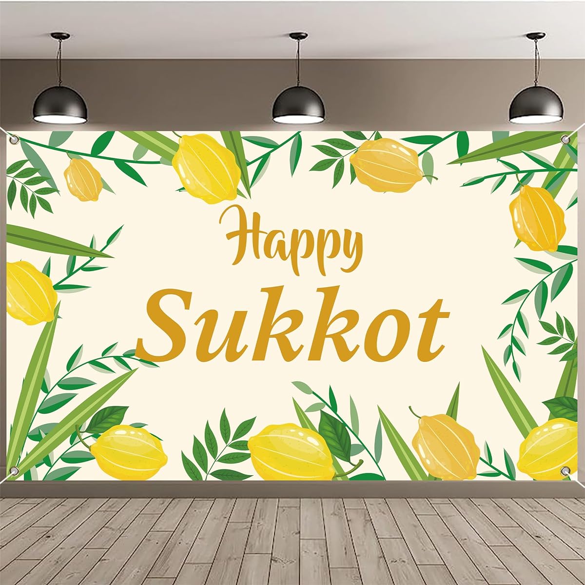 LOONELO Happy Sukkot Background Banner 70.8" x 43.3" Sukkah Etrog Lulav Jewish Holiday Photo Background for Photo Booth/Wedding/Birthday Party Celebration (Beige)