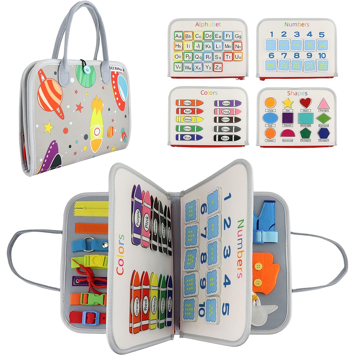 EZBaby Busy Book for Toddlers 1-3 Montessori Busy Board for 3 Year Olds Kids Travel Busy Board Toddler 1+ Sensory Book Airplane Activity Toy Educational Motor Skills Boys Girls 2-4 Gray