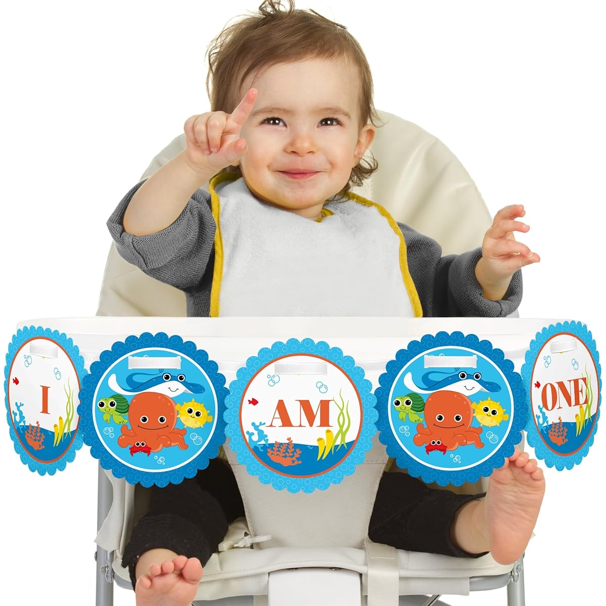 Big Dot of Happiness Under the Sea Critters 1st Birthday Highchair Decor - I Am One - First Birthday Highchair Banner