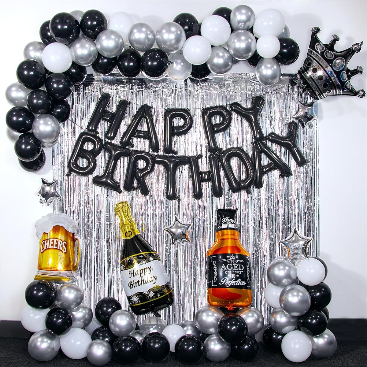 Black Happy Birthday Decorations Men's Banner Fringe Curtain Beer Crown Foil Balloon Balloon Kit 21 Years Old 25 Years Old 30 Years Old 35 Years Old 40 Years Old 50 Years Old 60th Birthday Decorations