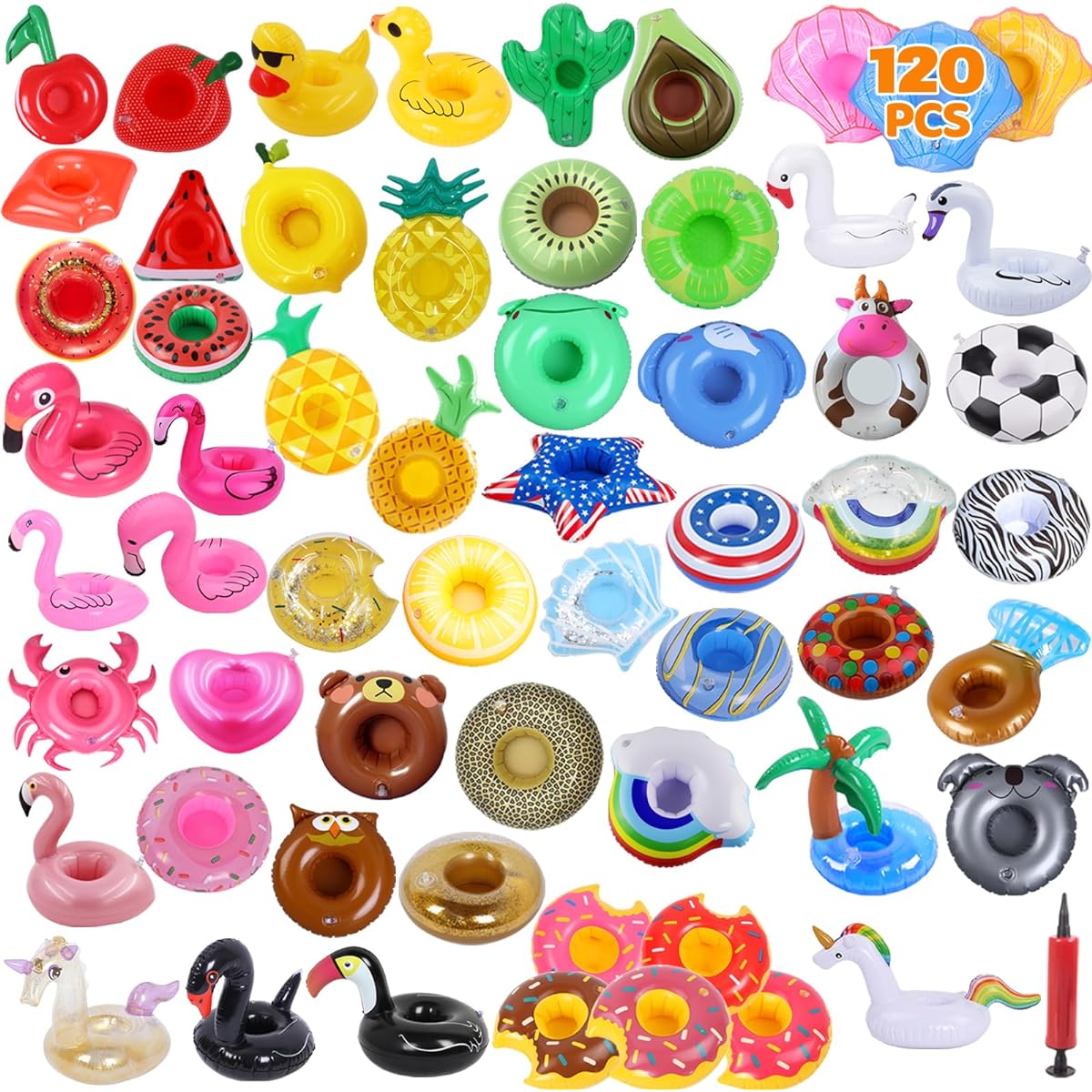 120pcs Bulk Inflatable Drink Holders Pool Drink Floats Cup Holders with Pump for Swimming Pool Parties