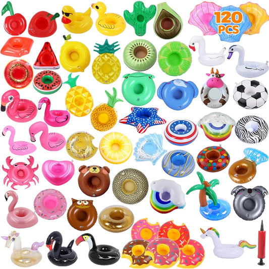 120pcs Bulk Inflatable Drink Holders Pool Drink Floats Cup Holders with Pump for Swimming Pool Parties