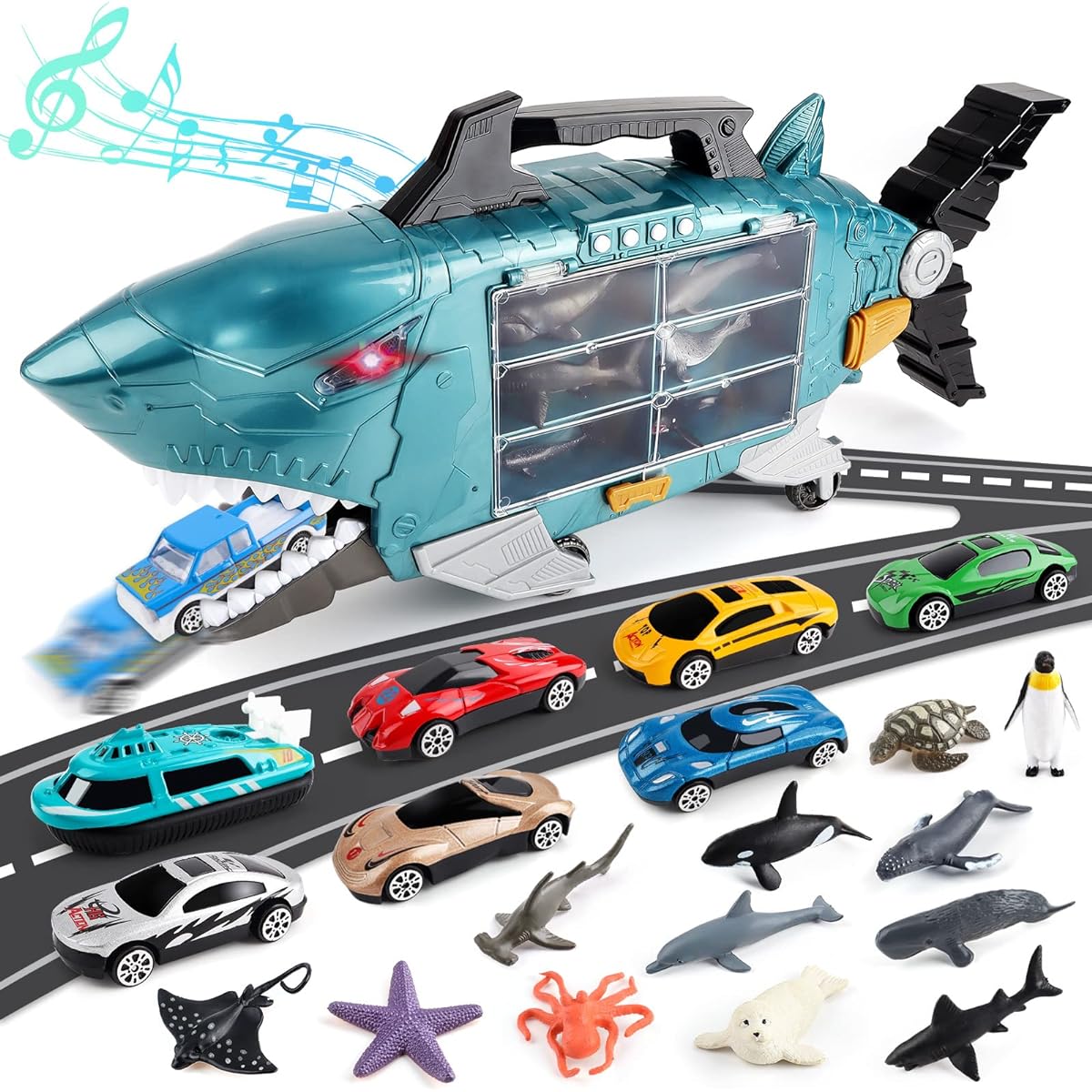 deAO Shark Toy Boys Transport Carrier Truck Animal Toys for Kids 27 Pieces Light Music Effects Toddler Kids Boys Girls Birthday Gift