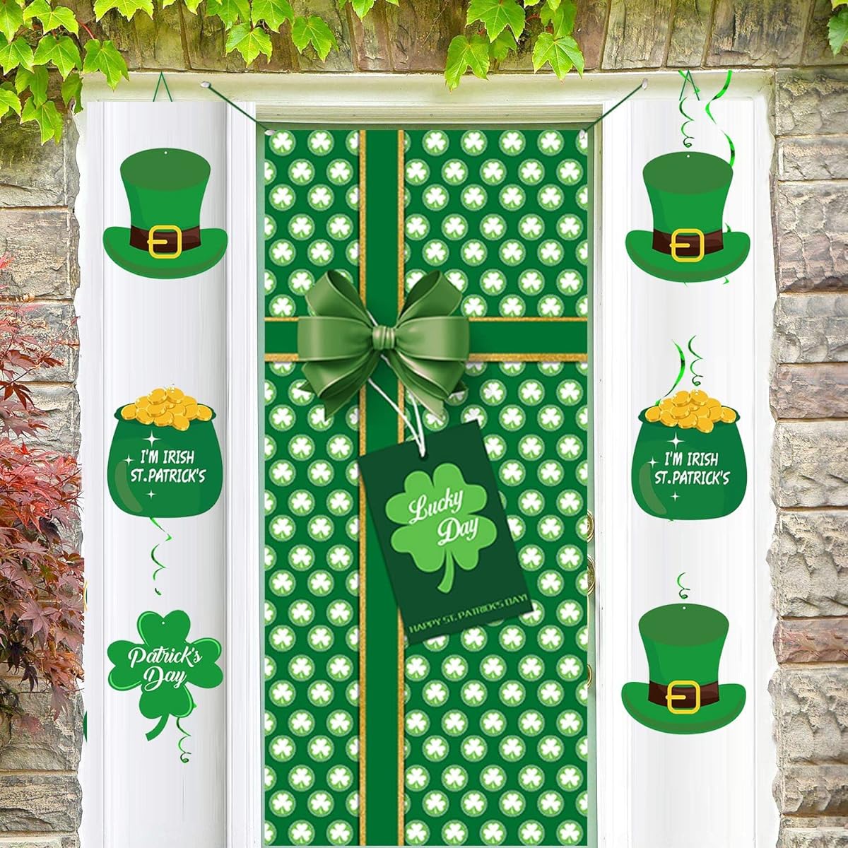 Happy ST Patrick's Day Door Cover Decor Lucky Shamrock St. Patrick's Day Gift Box Photo Backdrop Holiday Party Sign for Home Wall Front Door