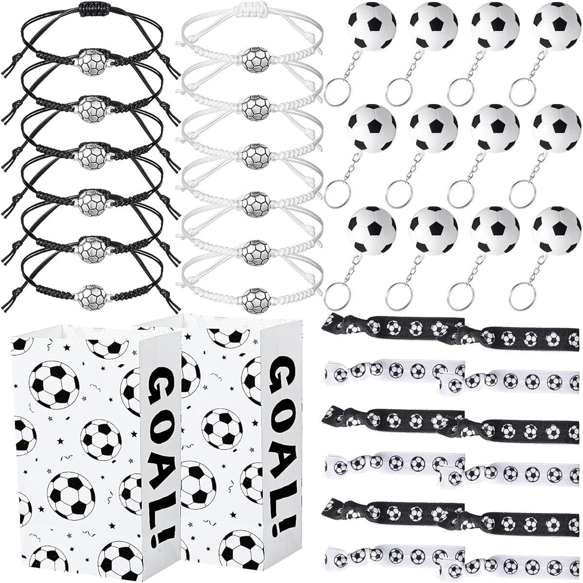 48pcs Soccer Party Favors Supplies Set, 12pcs Soccer Hair Scrunchies, 12pcs Soccer Key Chains, 12pcs Football Bracelets, Soccer Party Favor Bags for Kids Birthday Football Party Sports Game Party