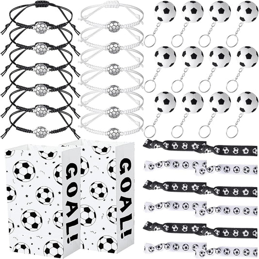 48pcs Soccer Party Favors Supplies Set, 12pcs Soccer Hair Scrunchies, 12pcs Soccer Key Chains, 12pcs Football Bracelets, Soccer Party Favor Bags for Kids Birthday Football Party Sports Game Party