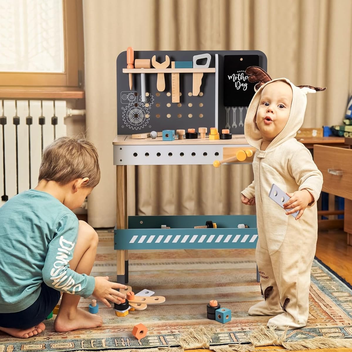 ROBUD Tool Bench Set for Toddlers Wooden Work Bench Toy Workshop Construction Tools Bench Creative Pretend Play Toys Educational Gifts for Kids Boys Girls