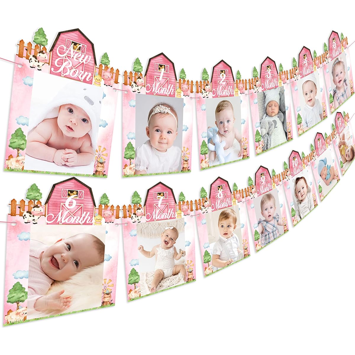 Farm Animals 1st Birthday Photo Banner Pink for Girls Farm Theme Newborn to 12 Months Photo Banner Baby Girl Barn for First Birthday Party