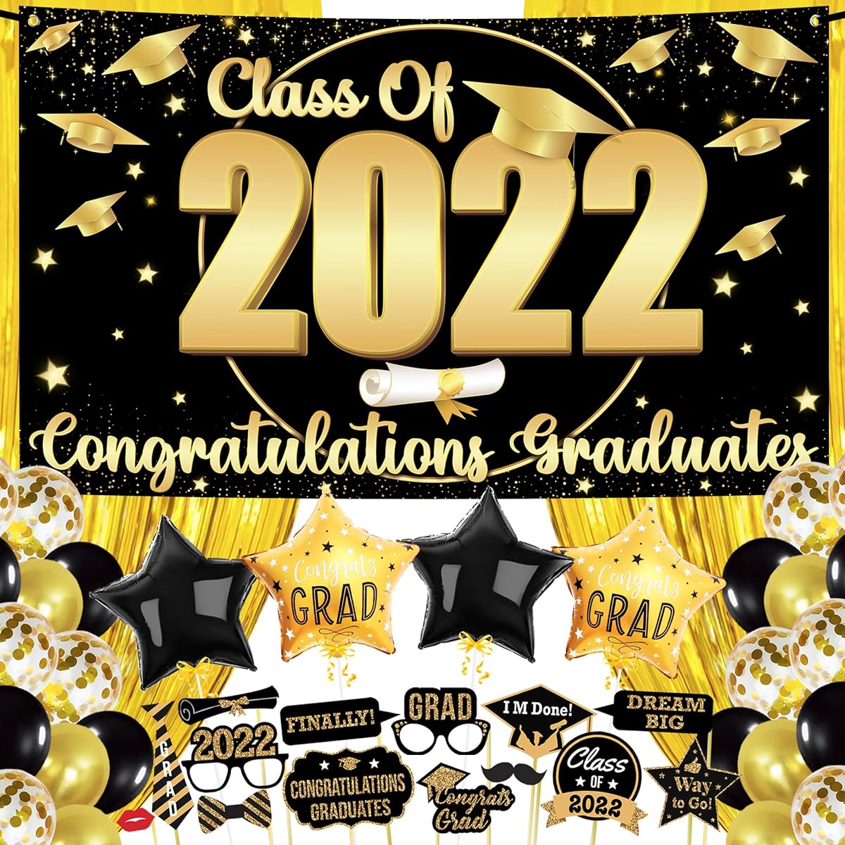 Giant Graduation Party Decorations 2022 - 53 Pack | Graduation Photo Booth Props 2022, Gold Foil Fringe | Class of 2022, Banner, Class of 2022 Decorations | Black and Gold Graduation Decorations 2022