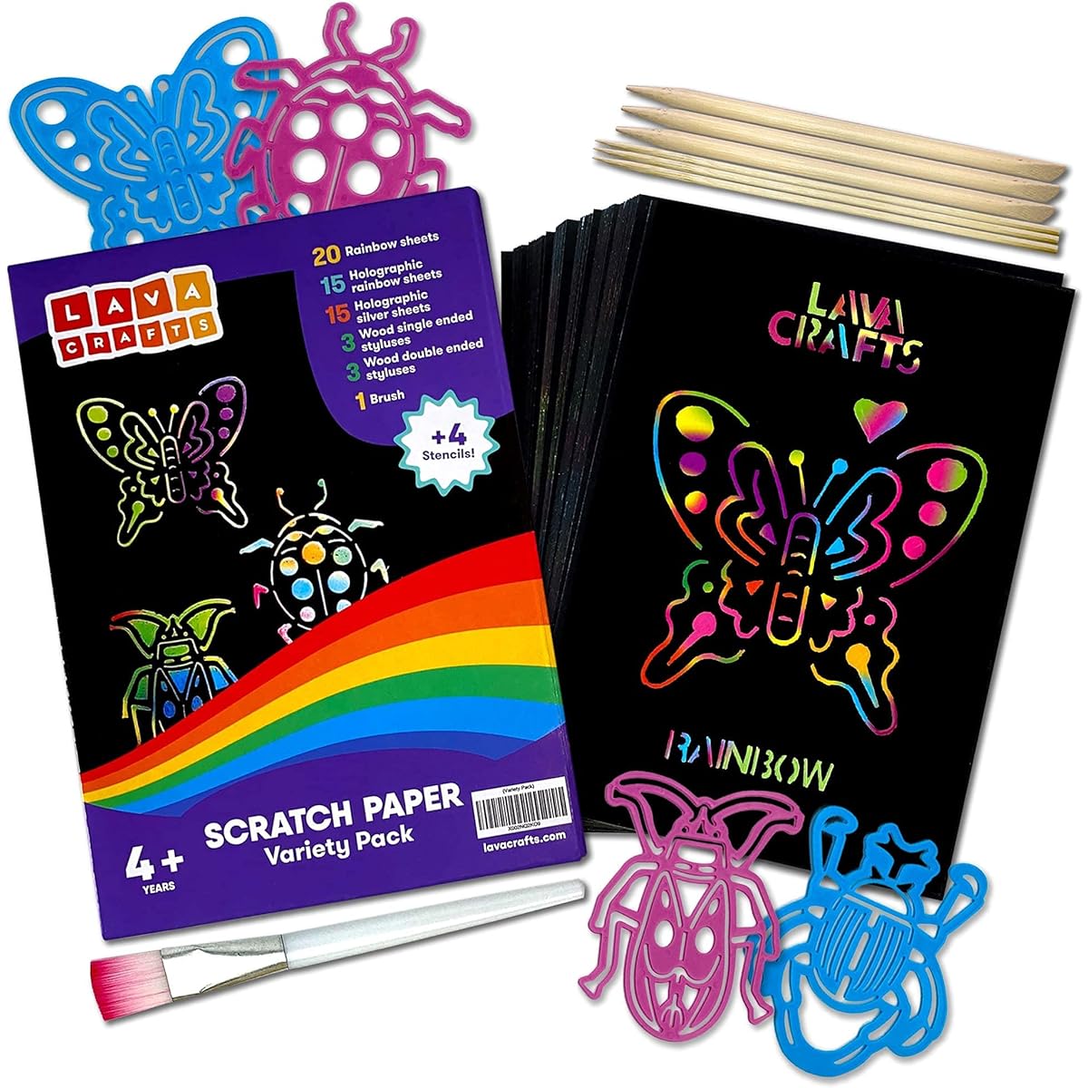Lava Crafts Scratch Art Set for Kids - 50 Scratch Papers in 3 Amazing Styles - Rainbow Silver & Rainbow Holographic, 4 Unique Stencils for Kids, 6 Styluses & Brushes - Beautiful Gift Box