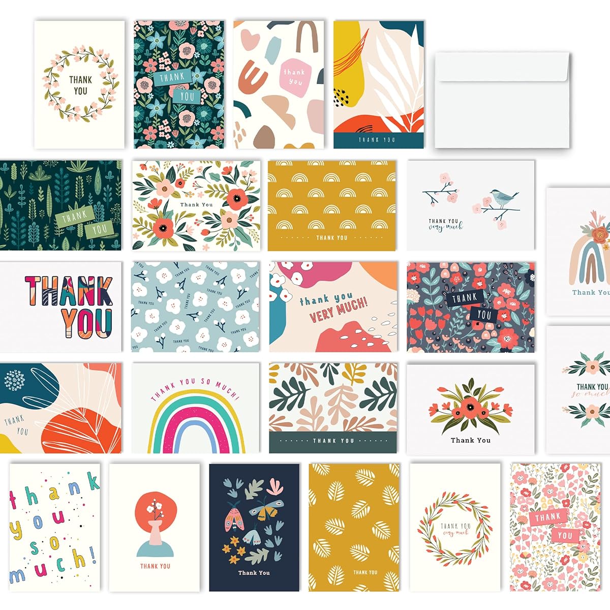 Thank You Cards with Envelopes – 24 Unique Designs on Thick Cardstock and Storage Box Included – 5.8” x 4.1” by Hat Acrobat (Colorful)