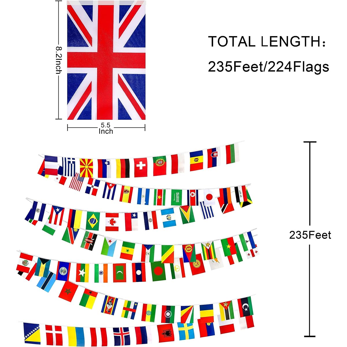 Consummate 224 Countries International World String Flag Banner Set Small Mini National Flag Flags for Olympic/Bar/Sports Club/School Festival Decoration 235ft