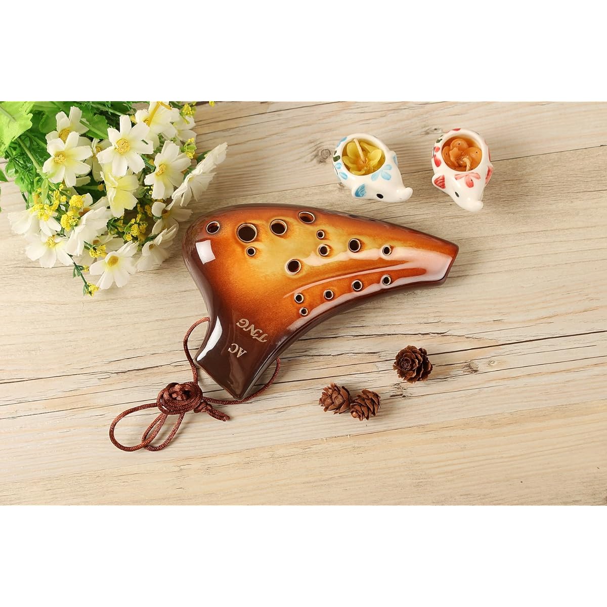 TNG Ocarina Musical Instrument [Double/Alto/Orange] High Class C Tone AC Multiple Tubes (Fingering Chart Included) Ocarina Wind Wind Glaze Finish Golden Brown Genuine Leather Strap Included