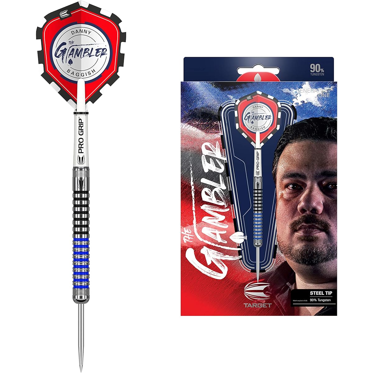 Target Darts Danny Baggish Gen 1 90% Tungsten Steel Tip Dart Set Silver Black Blue 1901