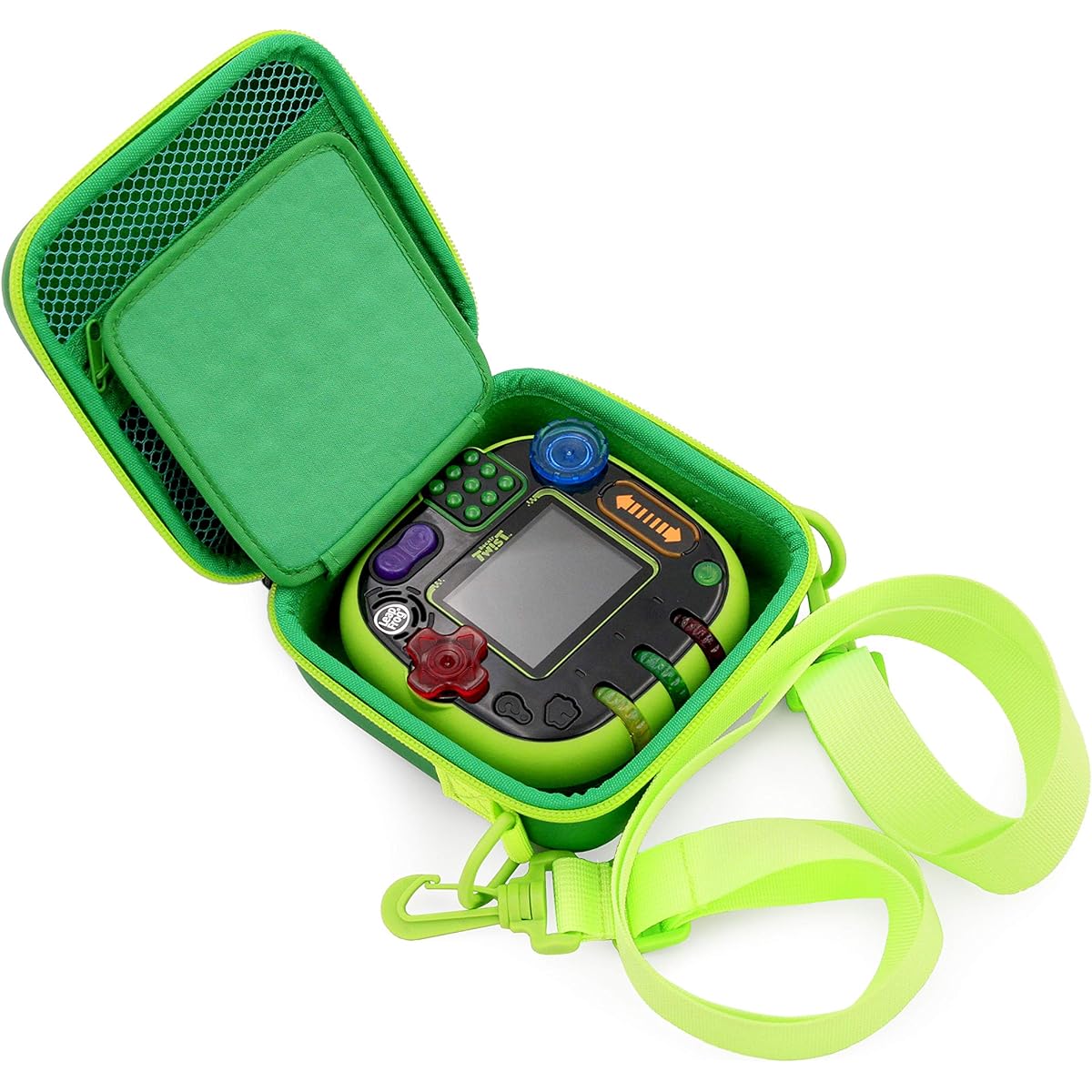 CASEMATIX Green Toy Box Travel Case for Leapfrog Rockit Twist Handheld Learning Game System - Includes Adjustable Shoulder Strap, Accessory Storage and Rubber Frog Keychain