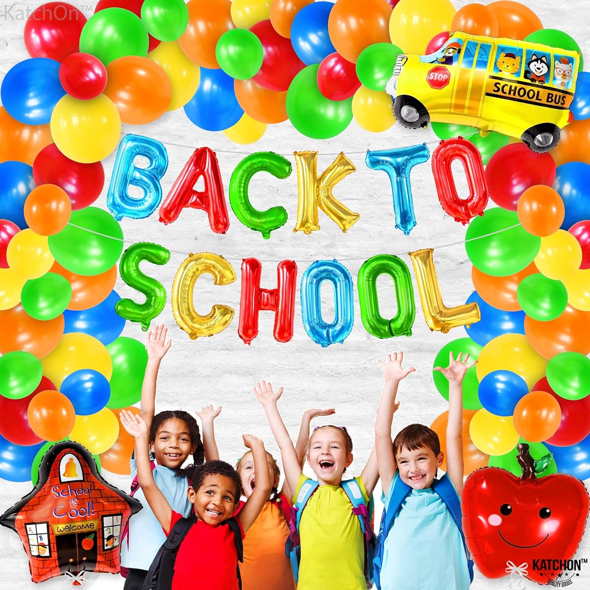 KatchOn Back to School Balloon Arch Kit - Giant 120 Pack | Back to School Balloons Back to School Decorations | Apple Balloons School Bus Balloon Garland for Back to School Decorations