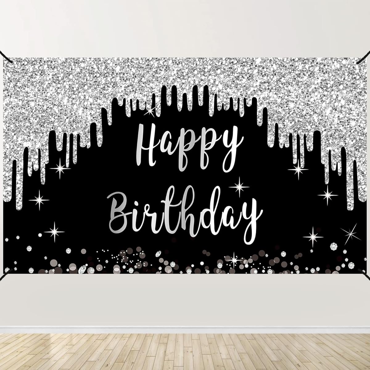 Black White Silver Birthday Decorations Banner Backdrop for Women Black Silver Happy Birthday Party Supplies 16th 21st 30th 40th 50th Birthday Poster Backdrop Decor