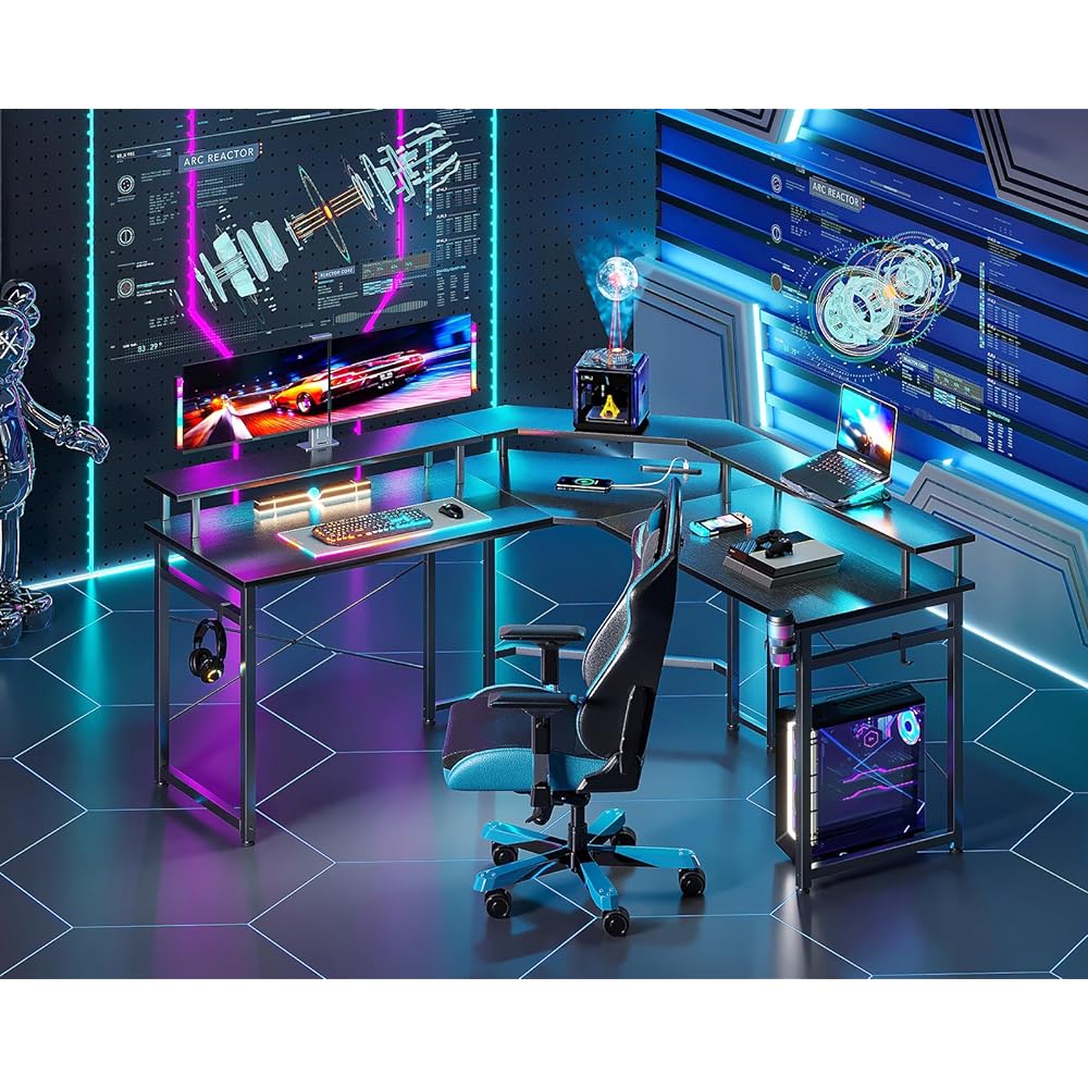 ODK Gaming Desk L-shaped Computer Desk L-shaped Desk Desk Width 129 with Outlet PC Desk L-shaped Desk Storage Corner Desk Office Desk for Work from Home Easy to Assemble Black