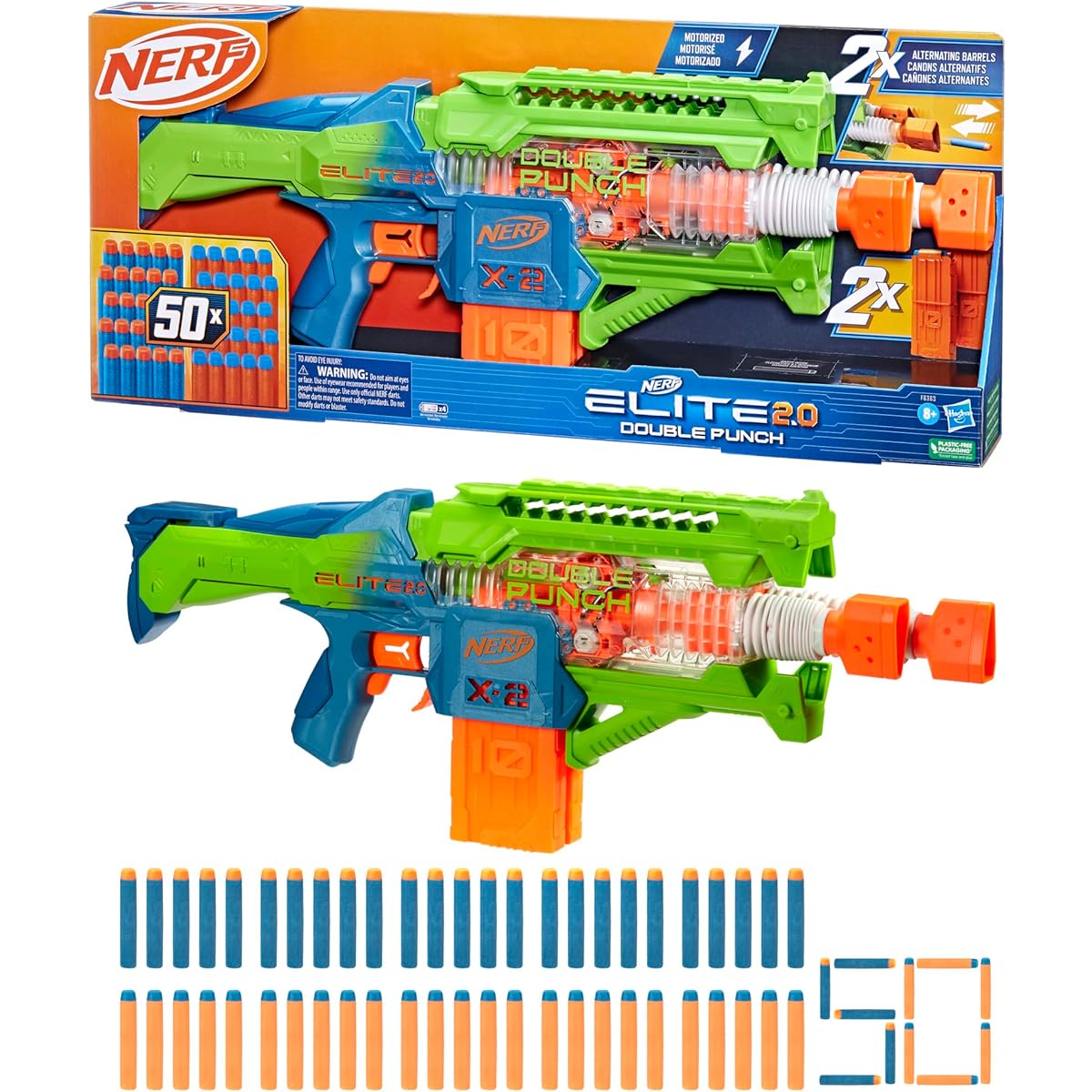 Nerf Elite 2.0 Double Punch Electric Blaster, Alternating Barrels, Includes 50 Elite Darts, Two 10-Dart Clips, Ages 8+, F6363, Authentic