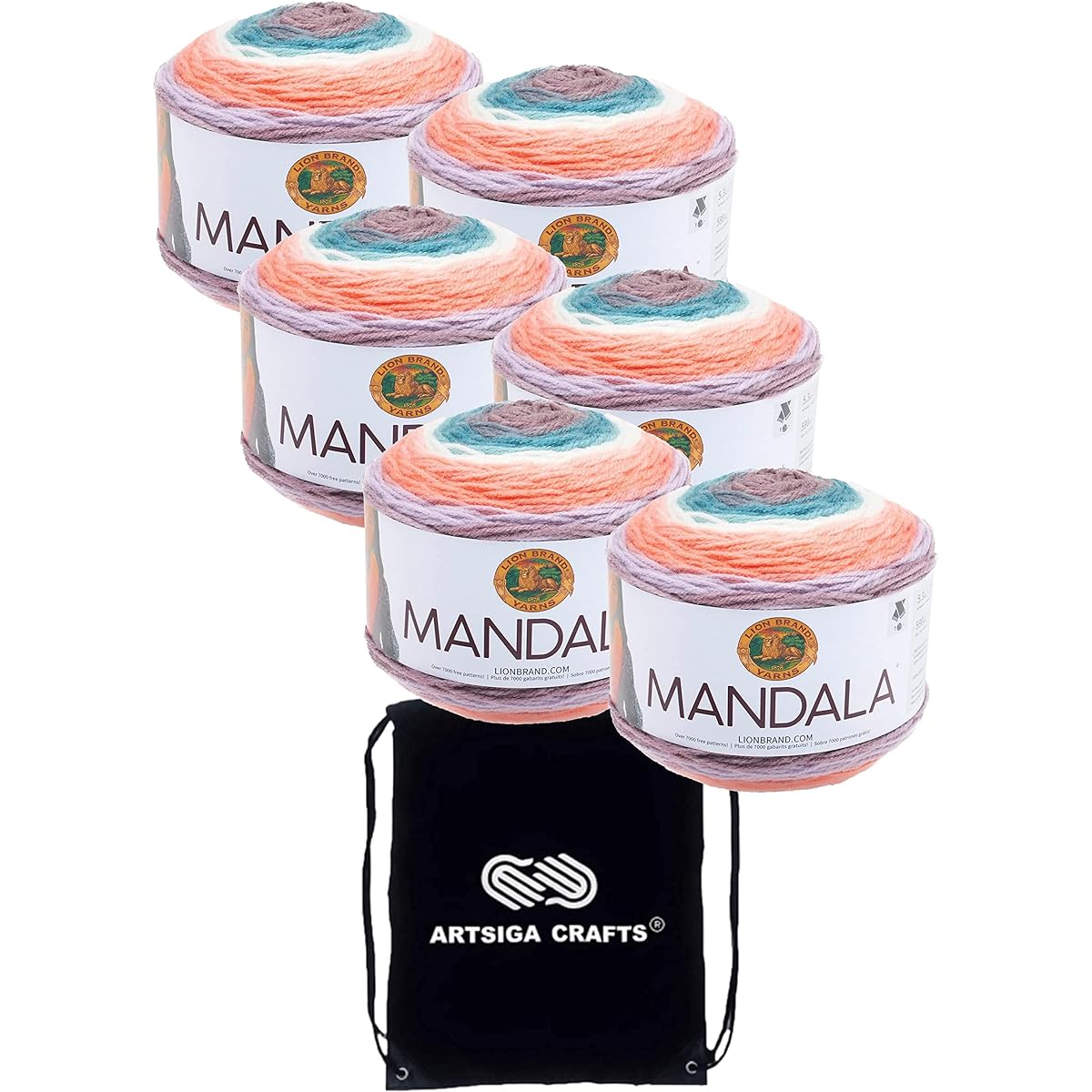Lion Brand Knitting Yarn Mandala 3 Skin Factory Pack (Matching Dye Lots) with 1 Artsiga Crafts Project Bag, Pack of 3, MPN-525-200