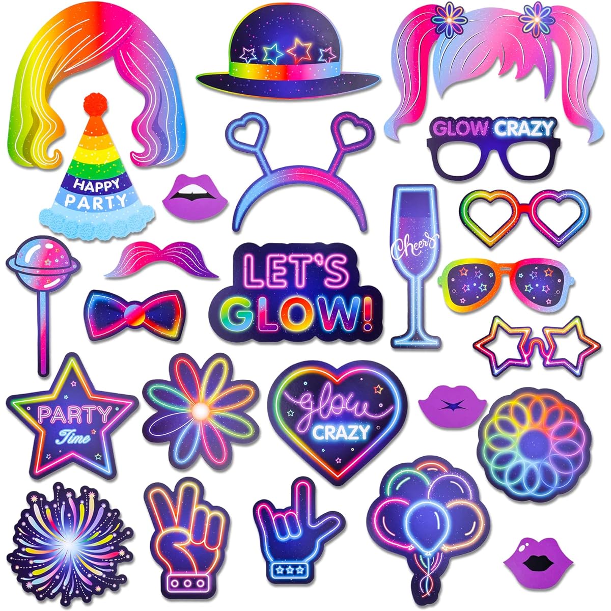 Qpout 25 Pieces Fluorescent Neon Party Photo Booth Props Neon Glow Party Colorful Lights Fluorescent Paper Selfie Props Pose Props for Glow Party Birthday Party Halloween Party