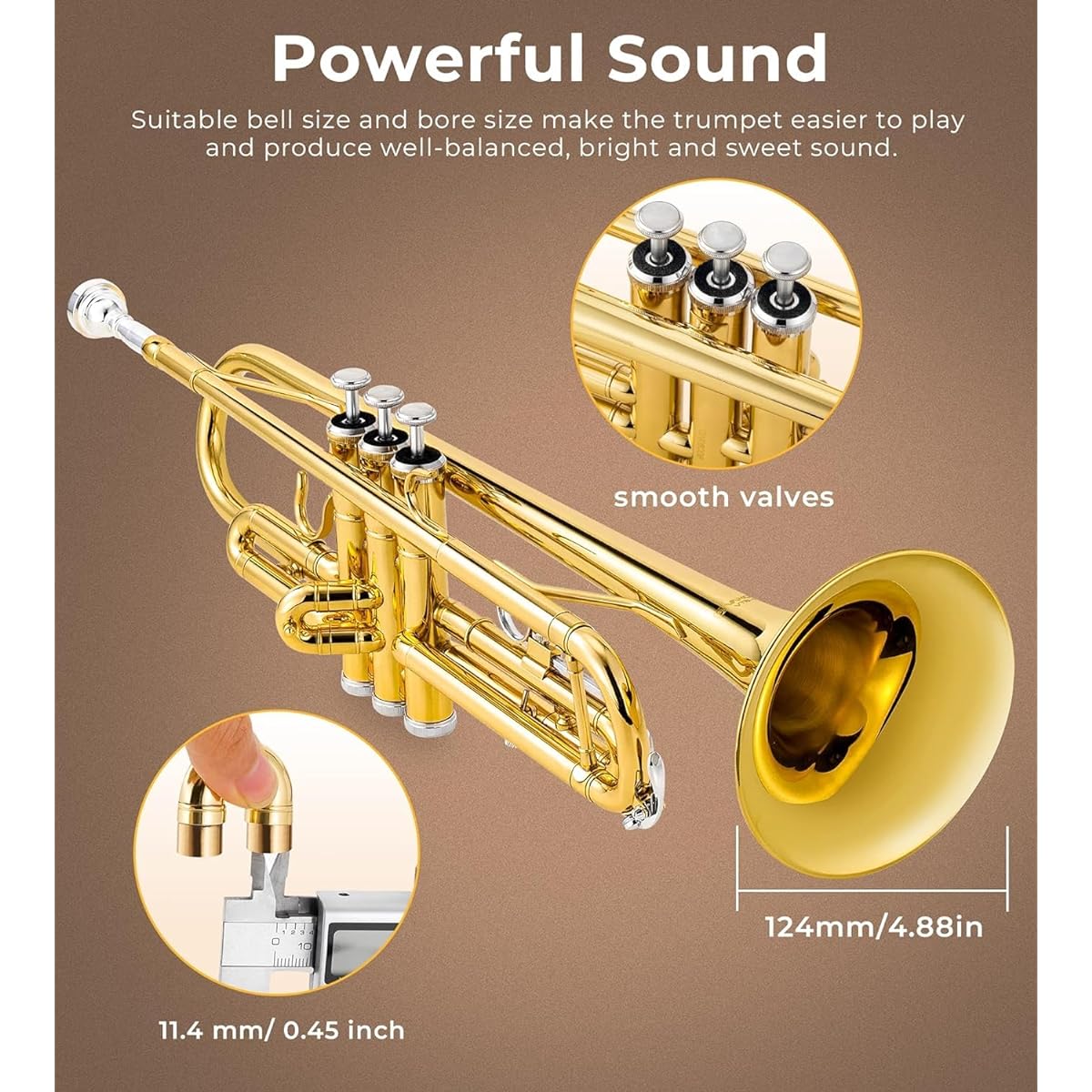 Vangoa Bb Trumpet Standard Brass Trumpet Beginner Student Hard Case Stand 7C Mouthpiece Gloves Valve Oil Cleaning Kit Included Gold