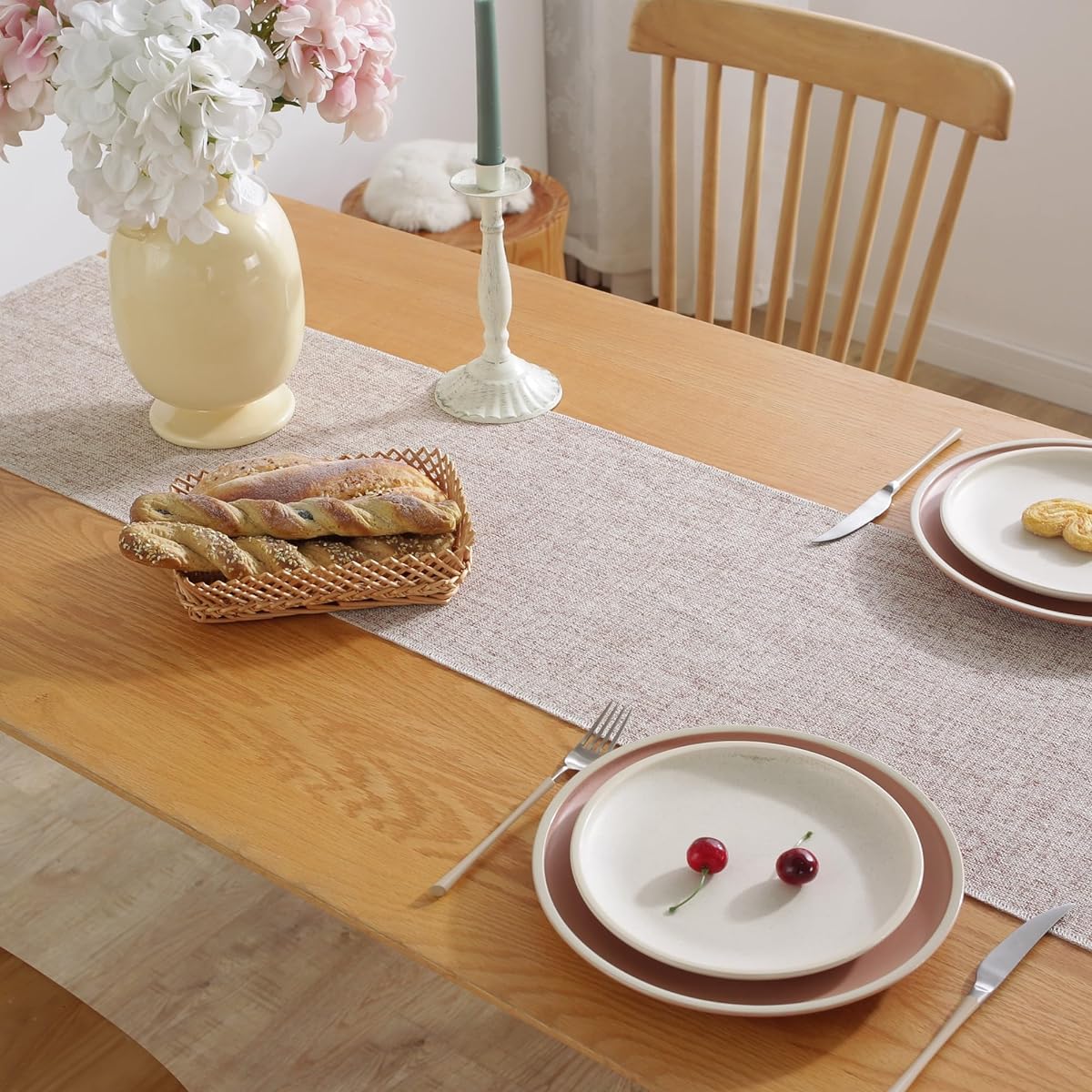 JIALE Fall Table Runner Rustic Farmhouse Table Runner with Tassels 72" Length Boho Cotton Linen Table Runner Table Decoration for Holiday Party Wedding 13x72" Beige