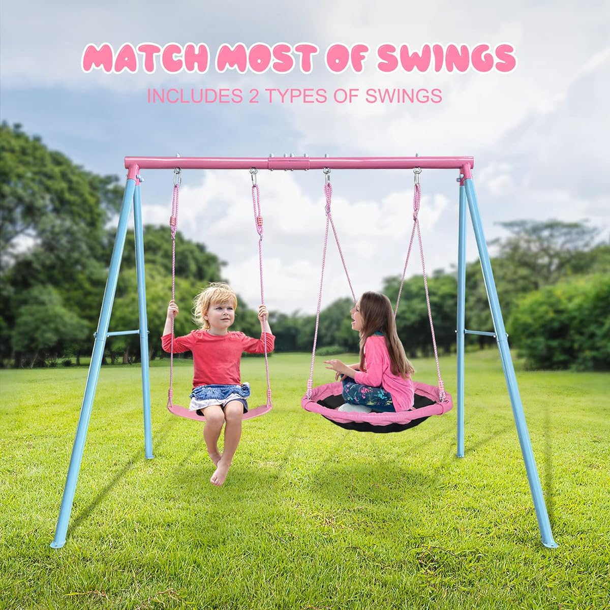 JYGOPLA 440 lbs 2 PlayStation Swing Set for Backyard Saucer Tree Swing 32 Inch 1 Belt Swing Heavy Duty Metal Swing Stand with Anchor (Pink + Blue)
