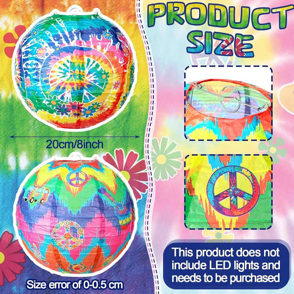 Panelee 12 Pieces 60's 70's Hippie Groovy Party Hanging Paper Lantern Tie Dye Groovy Paper Lantern Hippie Retro Flower Peace Sign Love Guitar Paper Lantern Decoration 1960's Party Decoration Supplies