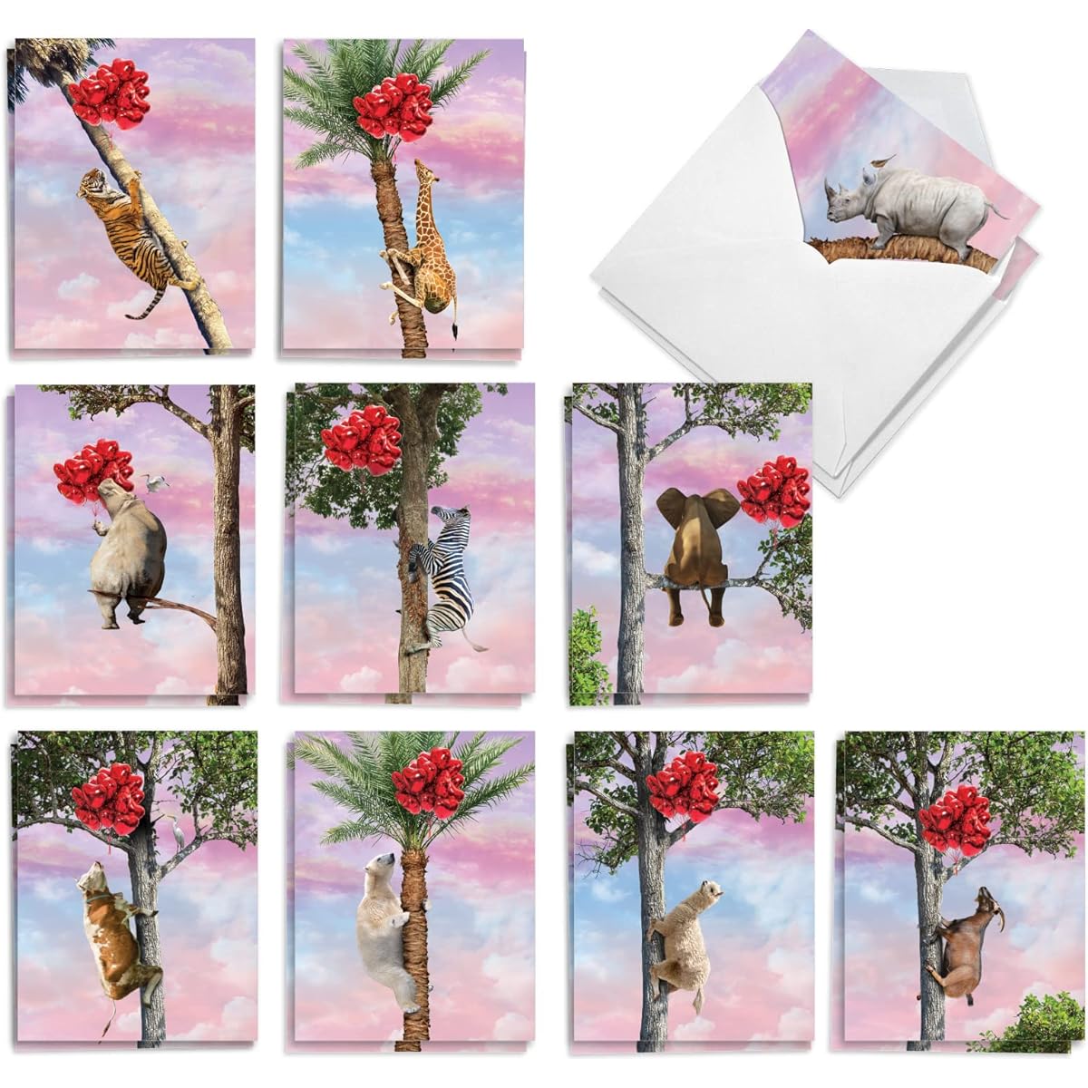 The Best Card Company 20 Assorted Valentine's Day Note Cards Box Set 4 x 5.12 Inch with Envelopes (10 Designs, 2 of Each) Wooden Animals AM10323VDG-B2x10