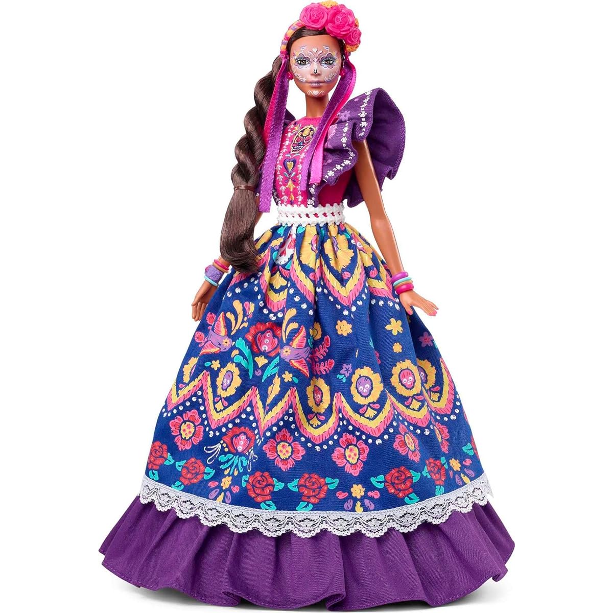 Barbie 2022 Día De Muertos Doll Wearing Traditional Ruffled Dress, Flower Crown & Calavera Face Paint, Gift for Collectors