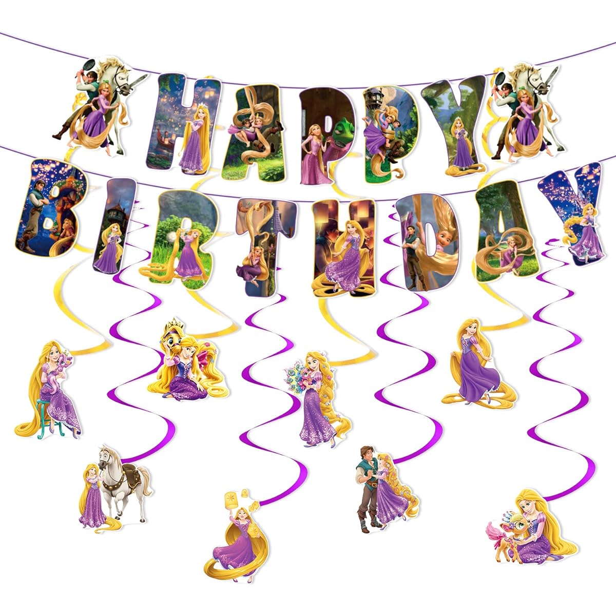 Rapunzel Birthday Decorations Cartoon Rapunzel Tangled Party Decorations Banner Hanging Swirls Kids Boys Girls Happy Birthday Banner