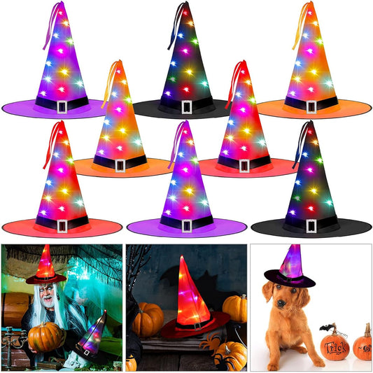 8 Pieces Halloween Witch Hat Lights Outdoor Hanging Lighting Witch Hat Decorative Lights Battery Operated Witch Hat Lights for Outdoor Garden Trees