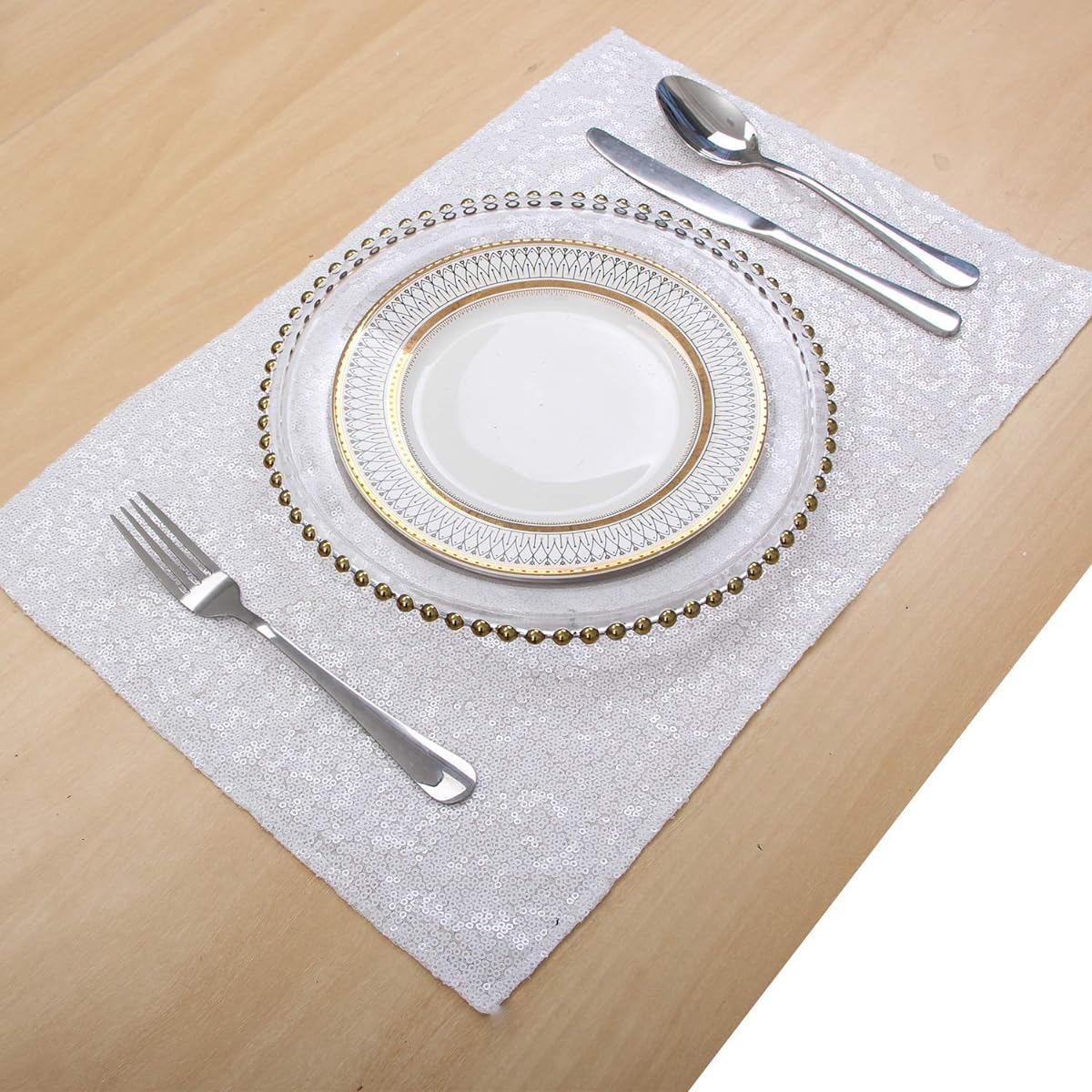 Party Delight Sequin Placemats Baby Shower Wedding Dining Room Table Mats Set of 4 Table Runner White