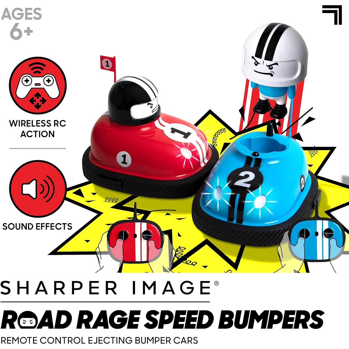 Sharper Image Road Rage RC Speed Bumper Cars, Mini Remote Control Ejector Cars, 2 Players Crash into Opponents, 2.4GHz, Red and Blue, For Ages 6+