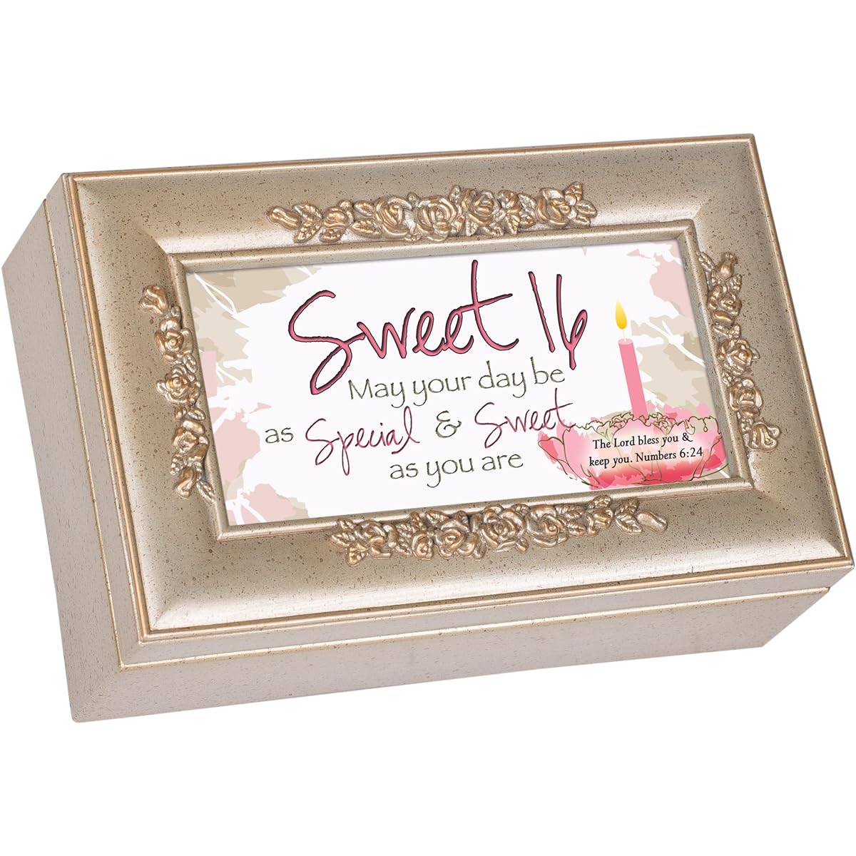 Cottage Garden Sweet Sixteen Your Day Be Special Silver Tone Embossed Jewelry Music Box Amazing Grace